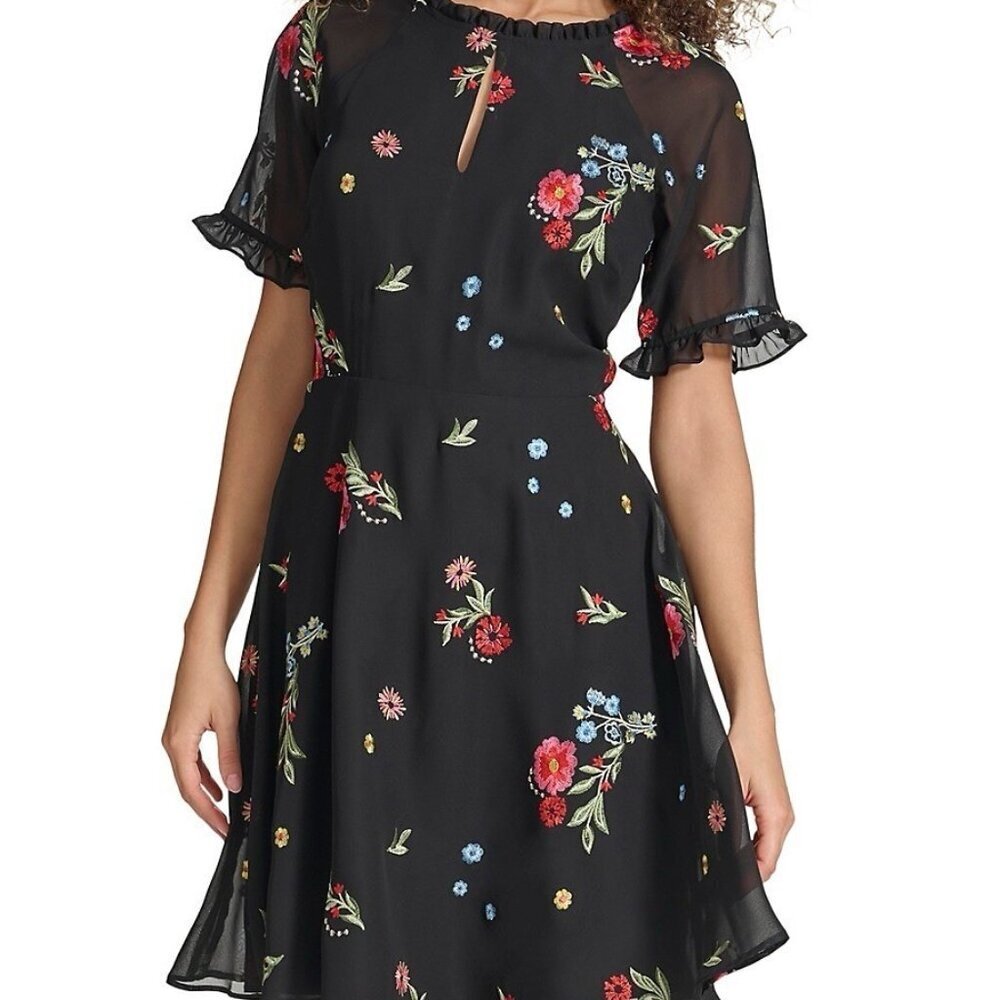 New Kensie Womens Size 2 Black Floral Embroidered Chiffon Back Cutout Dress - Picture 2 of 14